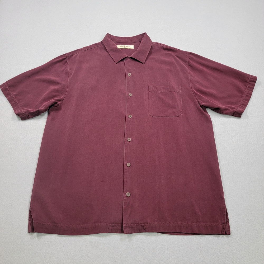 Men's Tommy Bahama 100% Silk Short Sleeve Button Down Camp‎ Shirt Maroon, Large